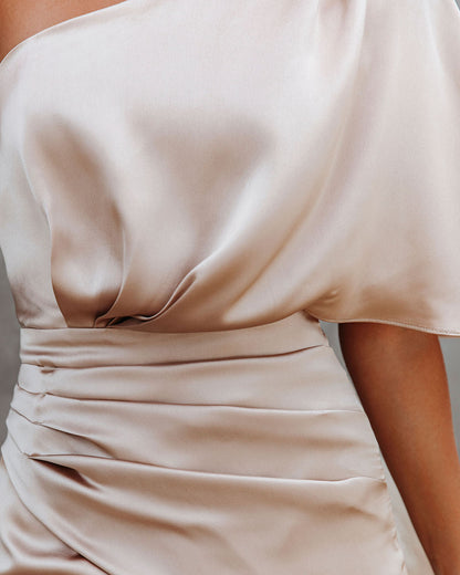 KittenAlarm - Persimmon One Shoulder Satin Drape Dress - Champagne