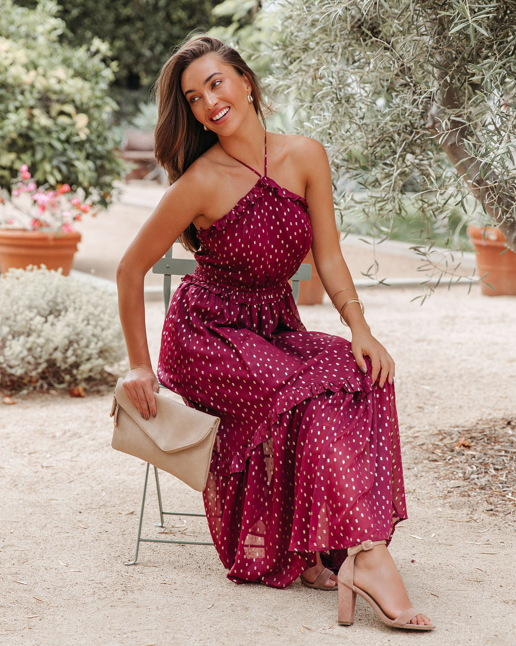 Remarkable Metallic Detailed Halter Midi Dress - Wine - FINAL SALE