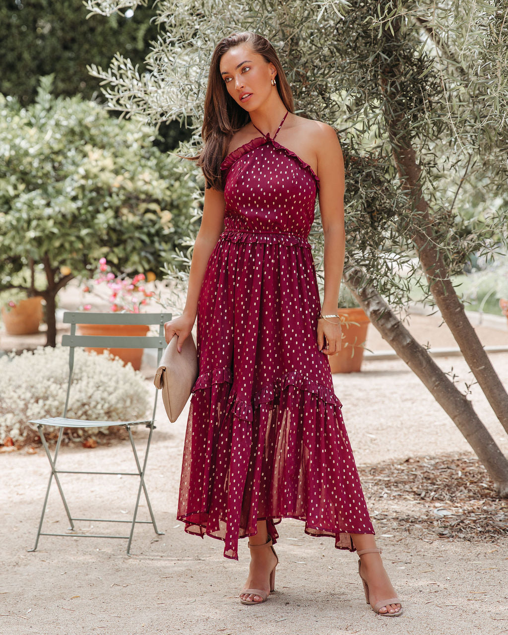 Remarkable Metallic Detailed Halter Midi Dress - Wine - FINAL SALE