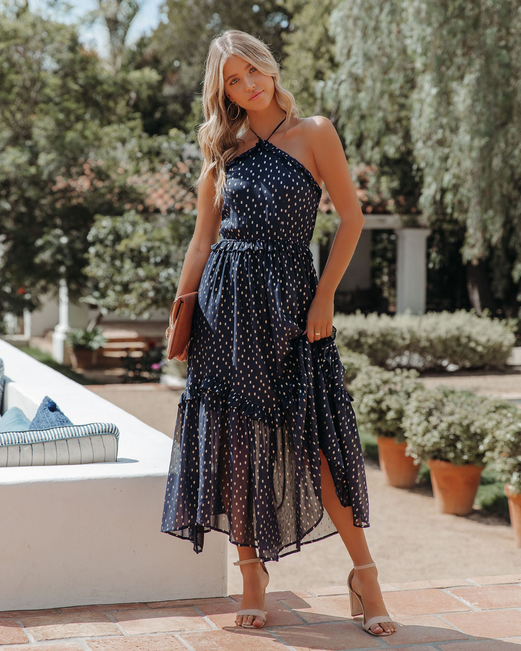 Remarkable Metallic Detailed Halter Midi Dress - Navy - FINAL SALE