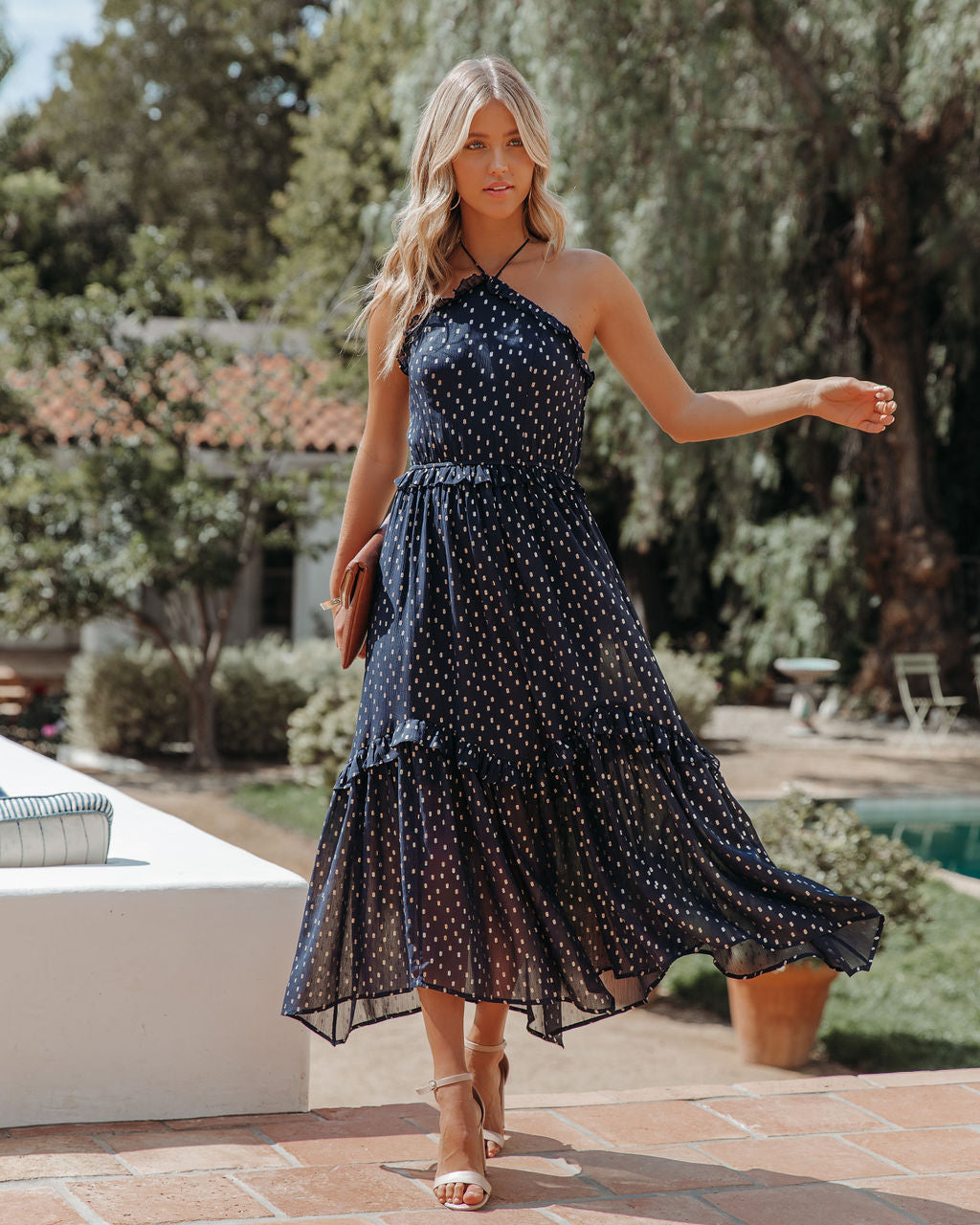 Remarkable Metallic Detailed Halter Midi Dress - Navy - FINAL SALE