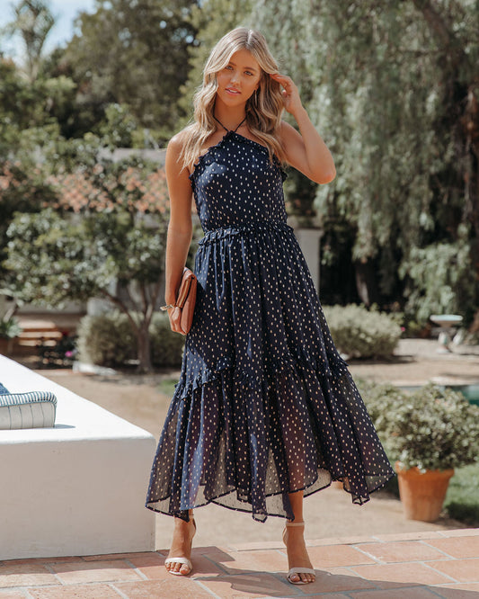 Remarkable Metallic Detailed Halter Midi Dress - Navy - FINAL SALE