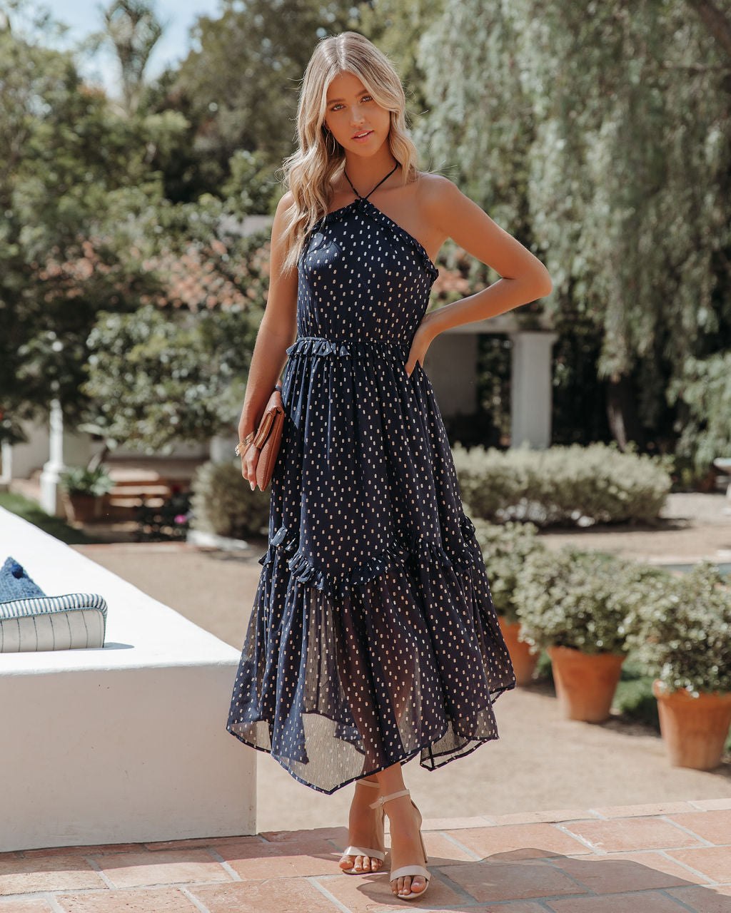 Remarkable Metallic Detailed Halter Midi Dress - Navy - FINAL SALE