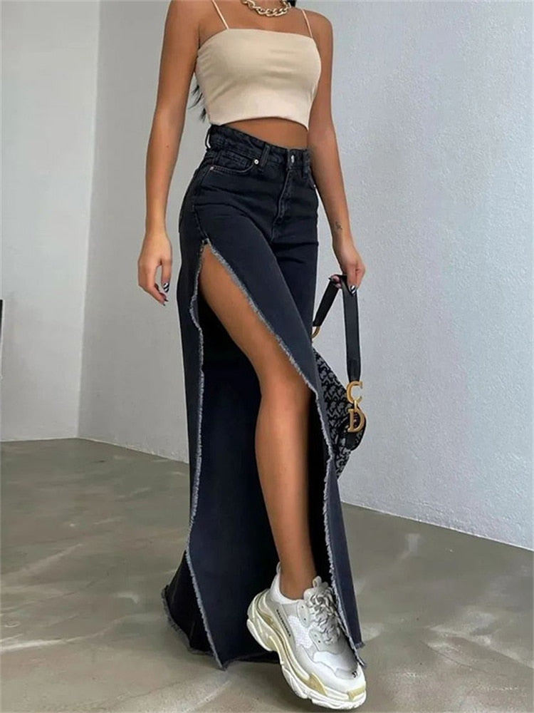 KittenAlarm - High Waisted Side Split Out Jeans Women Casual Loose Cargo Black Pants Streetwear Summer Wide Leg Long Baggy Y2k Jeans