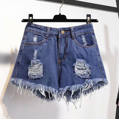 KittenAlarm - Casual High Waist Denim Shorts Women Summer  Pocket Tassel Hole Ripped jeans Short Female Femme Short Pants Women