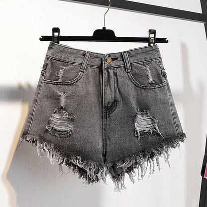 KittenAlarm - Casual High Waist Denim Shorts Women Summer  Pocket Tassel Hole Ripped jeans Short Female Femme Short Pants Women