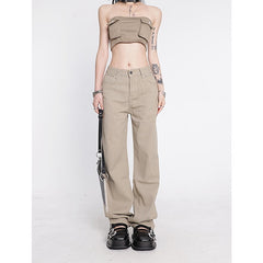KittenAlarm - Women's Khaki Wide Leg Jeans Star Pocket Vintage Straight Pants High Waist Baggy Streetwear Casual Brown Denim Trouser Ladies