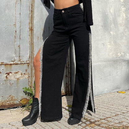 KittenAlarm - High Waisted Side Split Out Jeans Women Casual Loose Cargo Black Pants Streetwear Summer Wide Leg Long Baggy Y2k Jeans