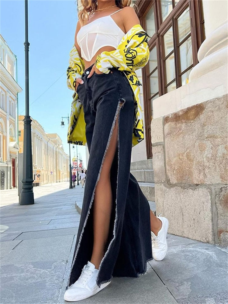 KittenAlarm - High Waisted Side Split Out Jeans Women Casual Loose Cargo Black Pants Streetwear Summer Wide Leg Long Baggy Y2k Jeans