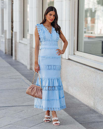 Sacha Cotton Linen Crochet Tiered Midi Dress - Blue