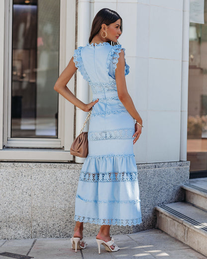 Sacha Cotton Linen Crochet Tiered Midi Dress - Blue