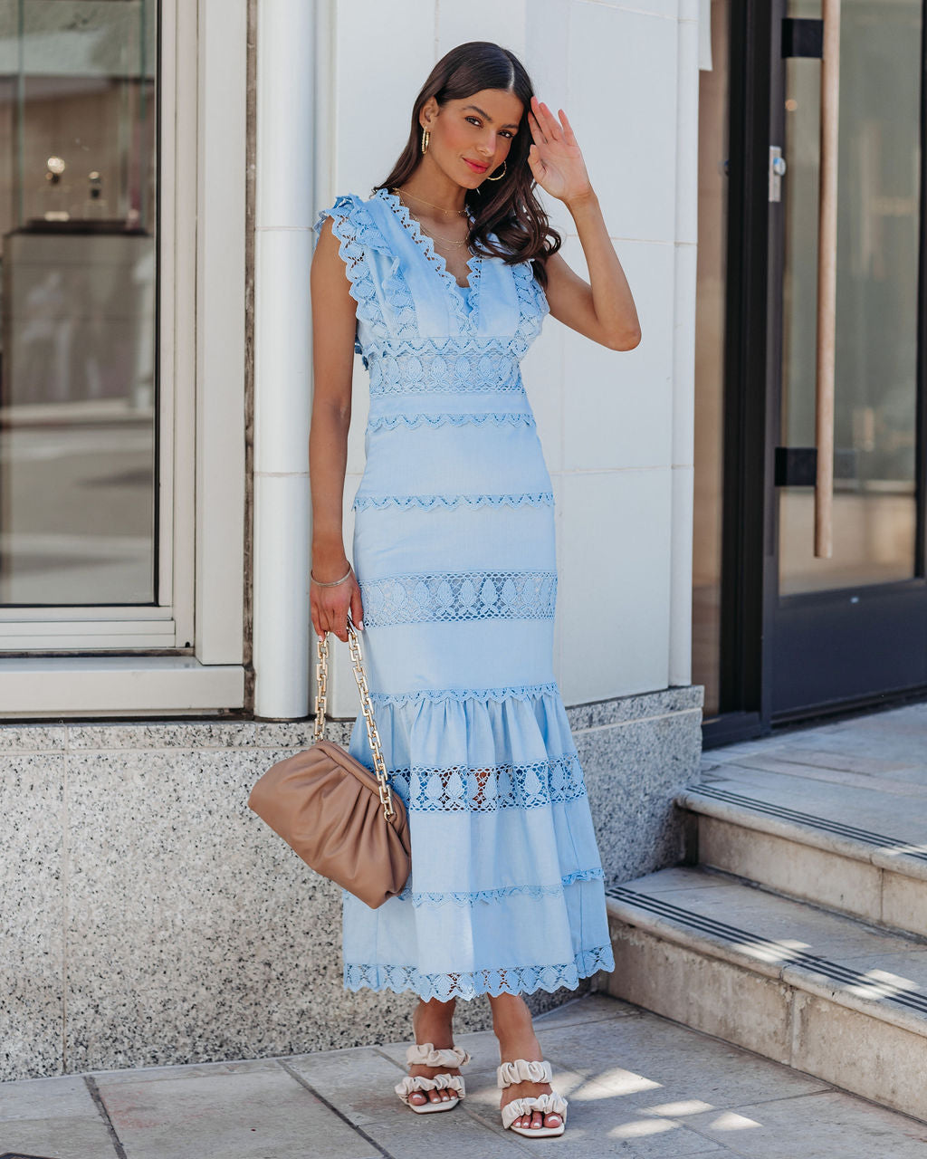 Sacha Cotton Linen Crochet Tiered Midi Dress - Blue