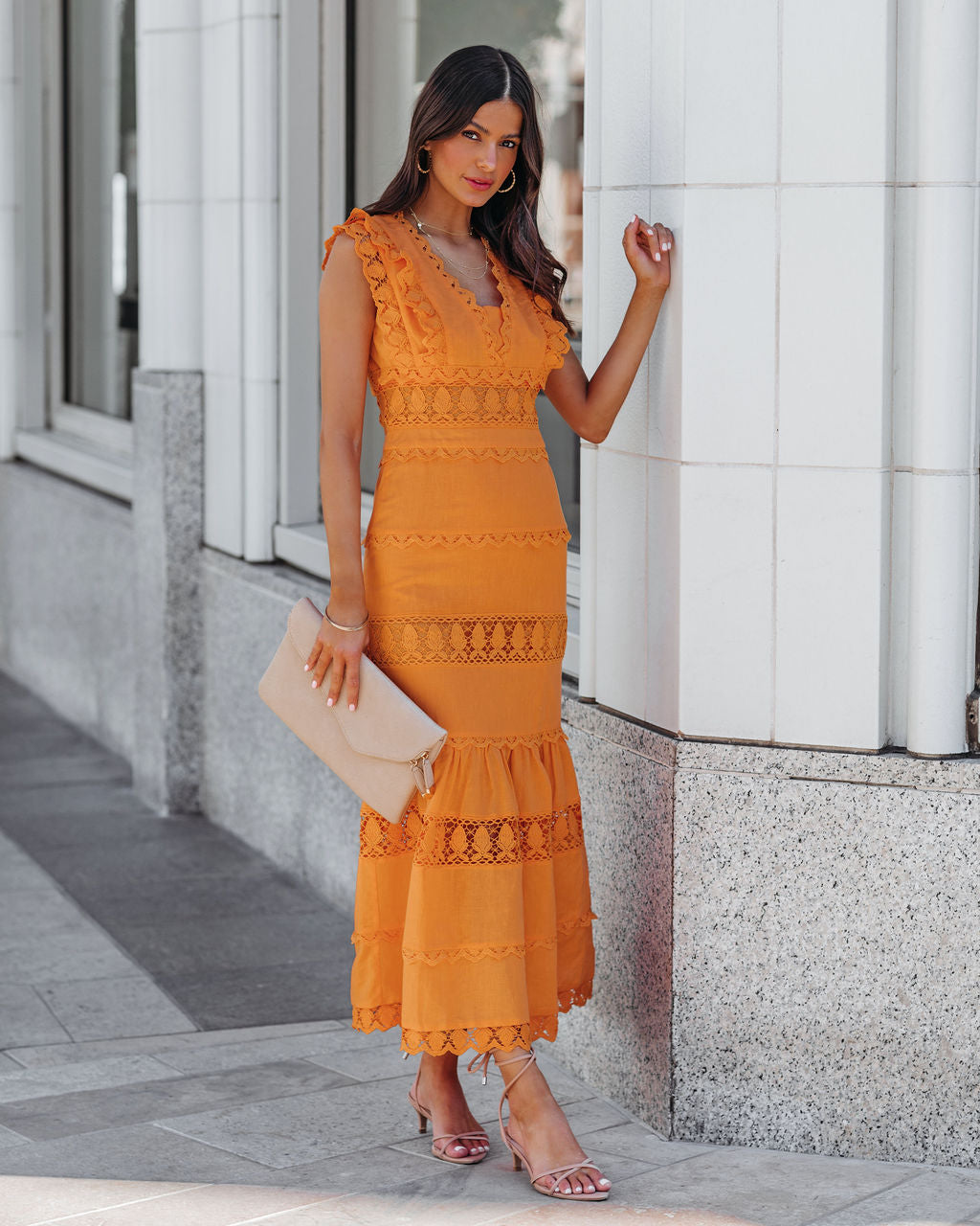 Sacha Cotton Linen Crochet Tiered Midi Dress - Tangerine