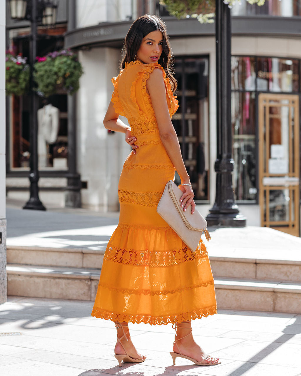 Sacha Cotton Linen Crochet Tiered Midi Dress - Tangerine