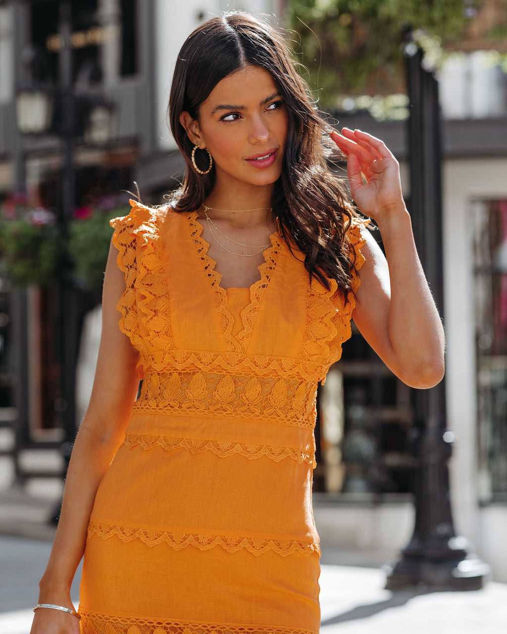 Sacha Cotton Linen Crochet Tiered Midi Dress - Tangerine