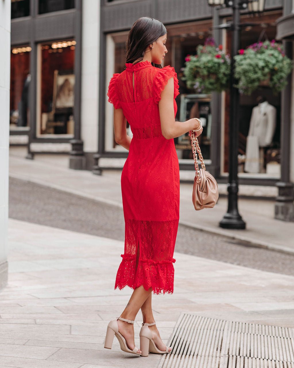 Saige Sheer Lace Midi Dress - Red