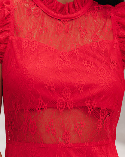 Saige Sheer Lace Midi Dress - Red