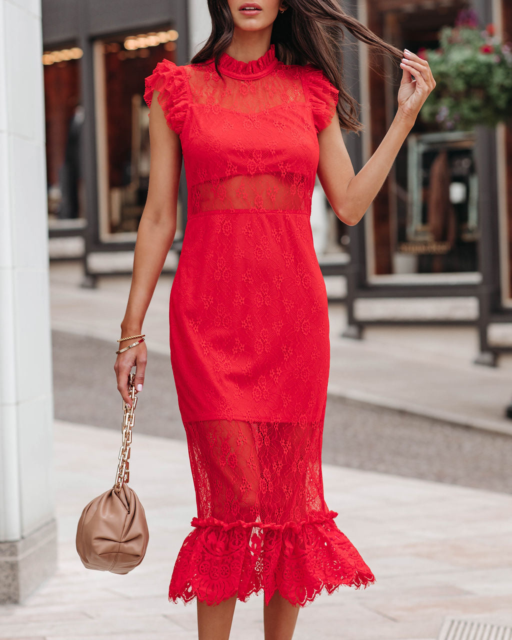 Saige Sheer Lace Midi Dress - Red