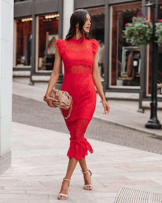 Saige Sheer Lace Midi Dress - Red