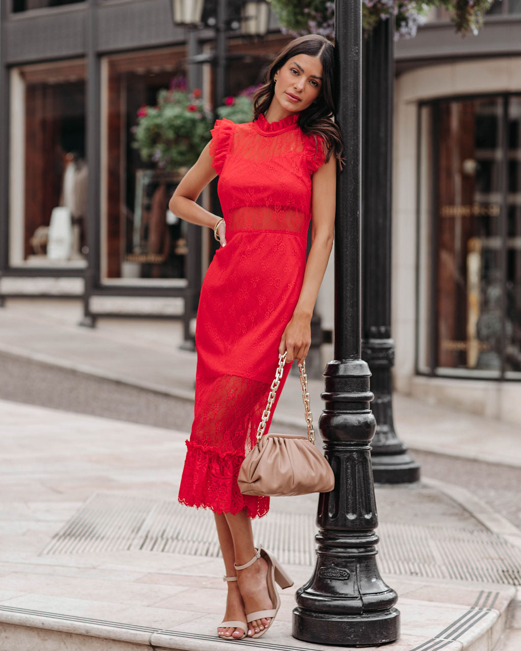 Saige Sheer Lace Midi Dress - Red