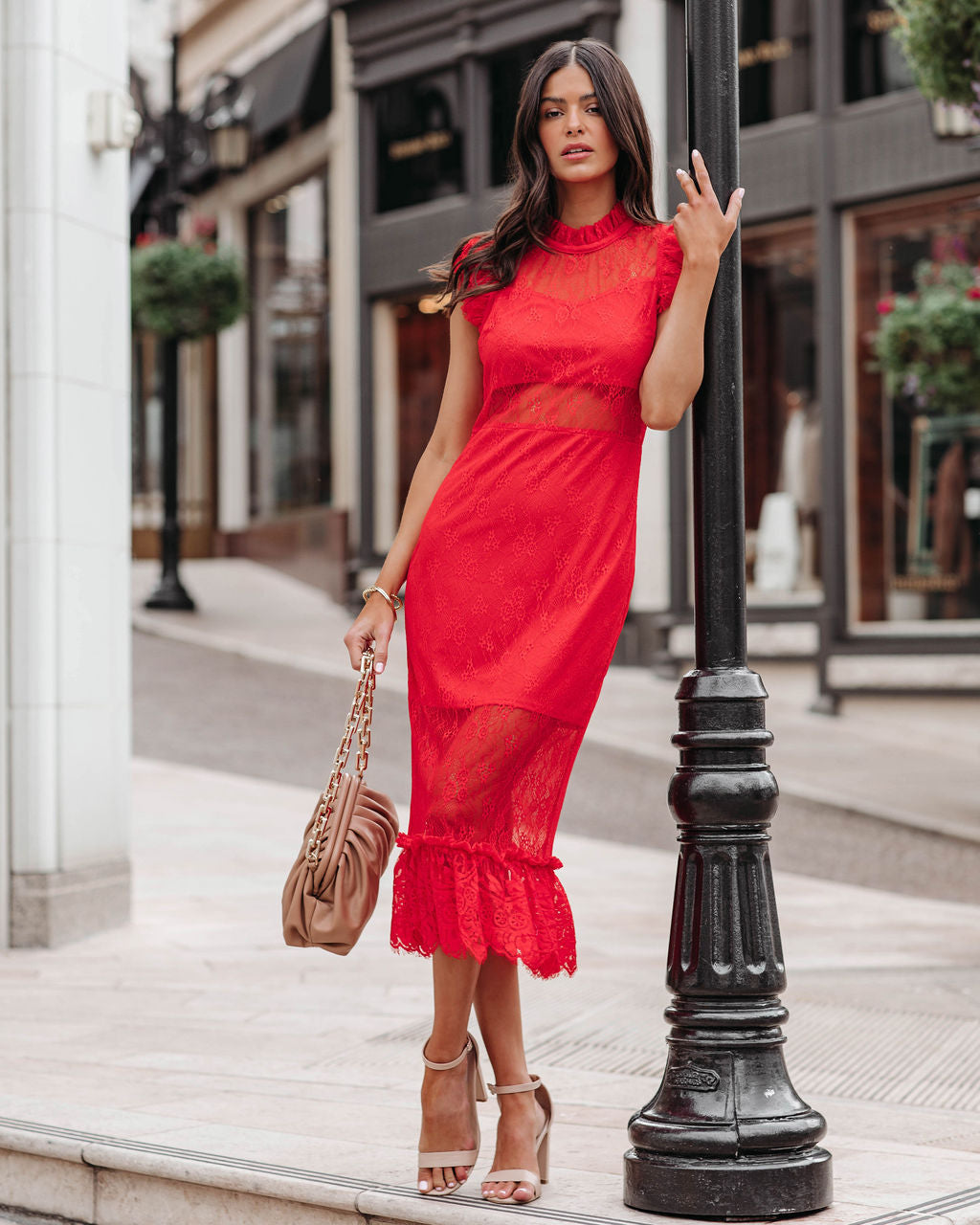 Saige Sheer Lace Midi Dress - Red