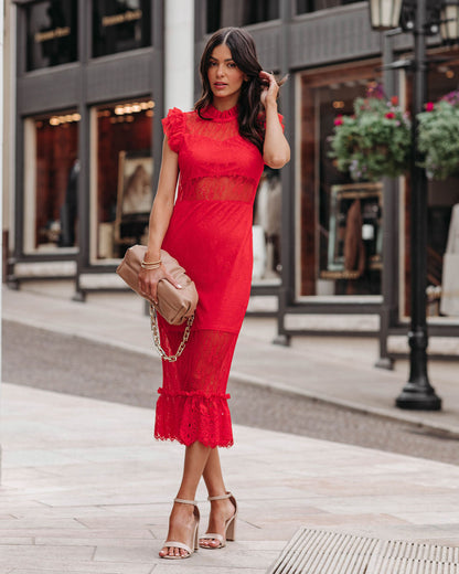 Saige Sheer Lace Midi Dress - Red