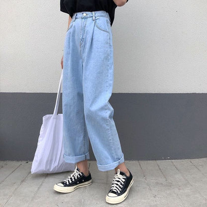 KittenAlarm - Korean Loose Daisy Jeans Women Fashion New High Waist Straight Denim Pants Maxi Wide-leg Cropped Trousers Female S-5XL