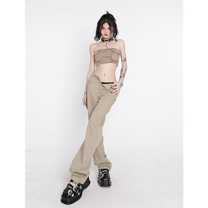 KittenAlarm - Women's Khaki Wide Leg Jeans Star Pocket Vintage Straight Pants High Waist Baggy Streetwear Casual Brown Denim Trouser Ladies