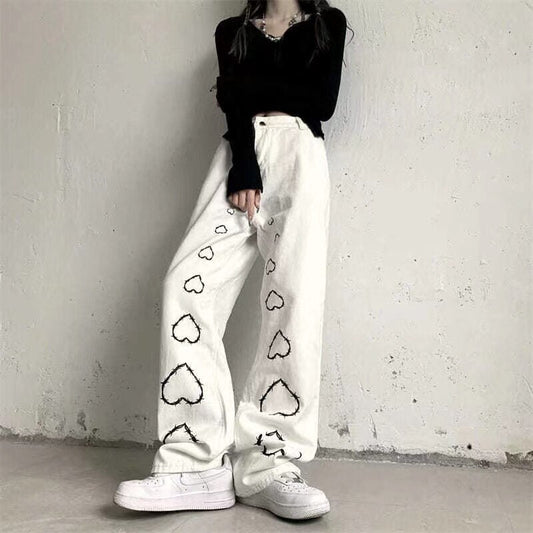 KittenAlarm - Mojoyce High Street Hot Girl Vintage Heart Print High Waist Straight Goth  Baggy Jeans Woman Y2K Clothes Wide Leg Denim Pants