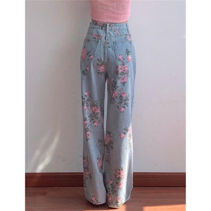 KittenAlarm - High Waist Flower Pattern Wide Leg Jeans Pants