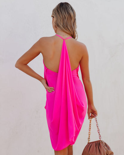 Such A Flirt Halter Ruffle Dress - Hot Pink