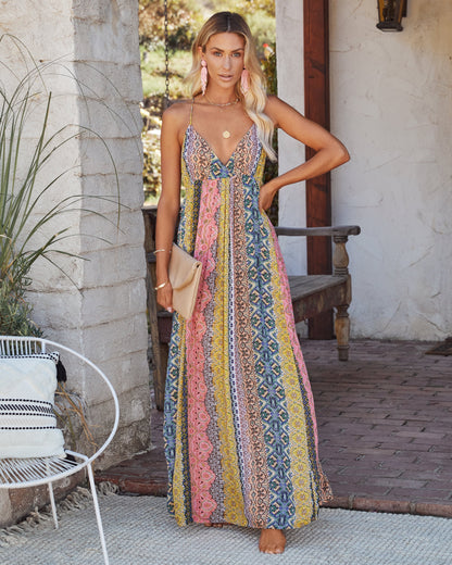 PREORDER - Turks + Caicos Printed Shimmer Maxi Dress - Pink Multi