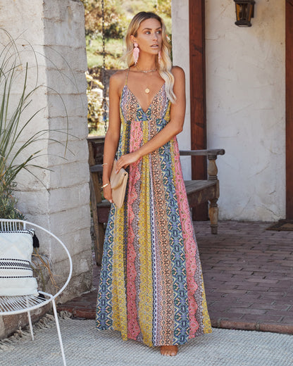 PREORDER - Turks + Caicos Printed Shimmer Maxi Dress - Pink Multi