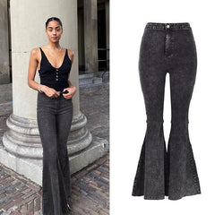 KittenAlarm - High Quality Women retro high waist jeans spring autumn stretch wash thin wide leg pants flared denim trousers female J034