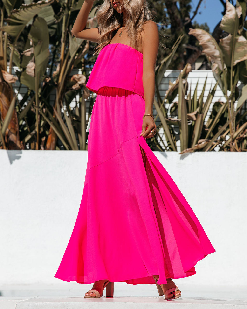 Vivid Strapless Slit Maxi Dress - Hot Pink