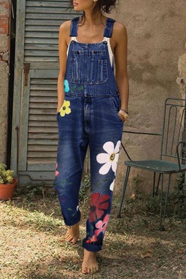 KittenAlarm -  Flower-printed Baggy Jeans With Suspenders(3 Colors)