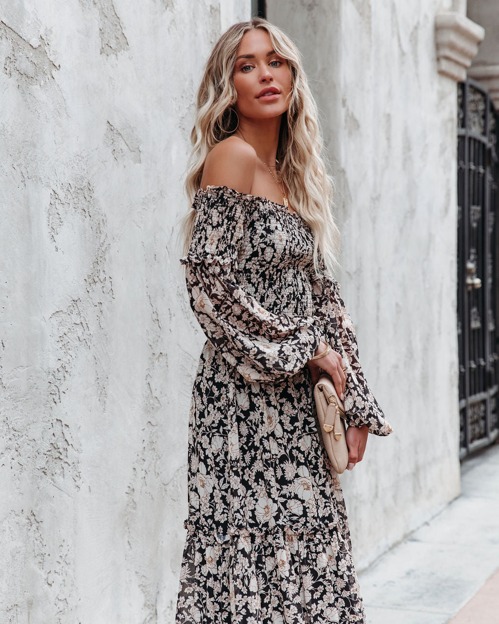 Alexandria Floral Smocked Off The Shoulder Maxi Dress