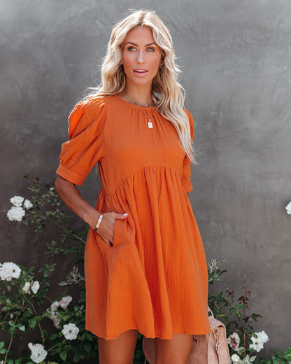 Amber Cotton Pocketed Puff Sleeve Dress - Orange