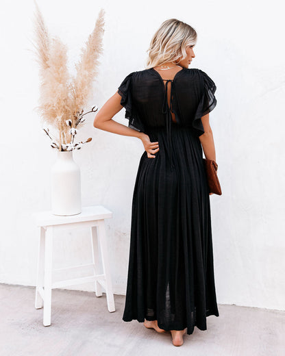 Anika Pocketed Button Down Ruffle Maxi Dress - Black