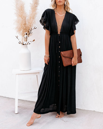 Anika Pocketed Button Down Ruffle Maxi Dress - Black