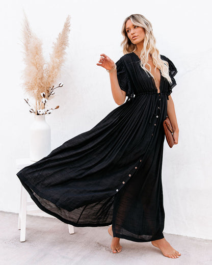 Anika Pocketed Button Down Ruffle Maxi Dress - Black