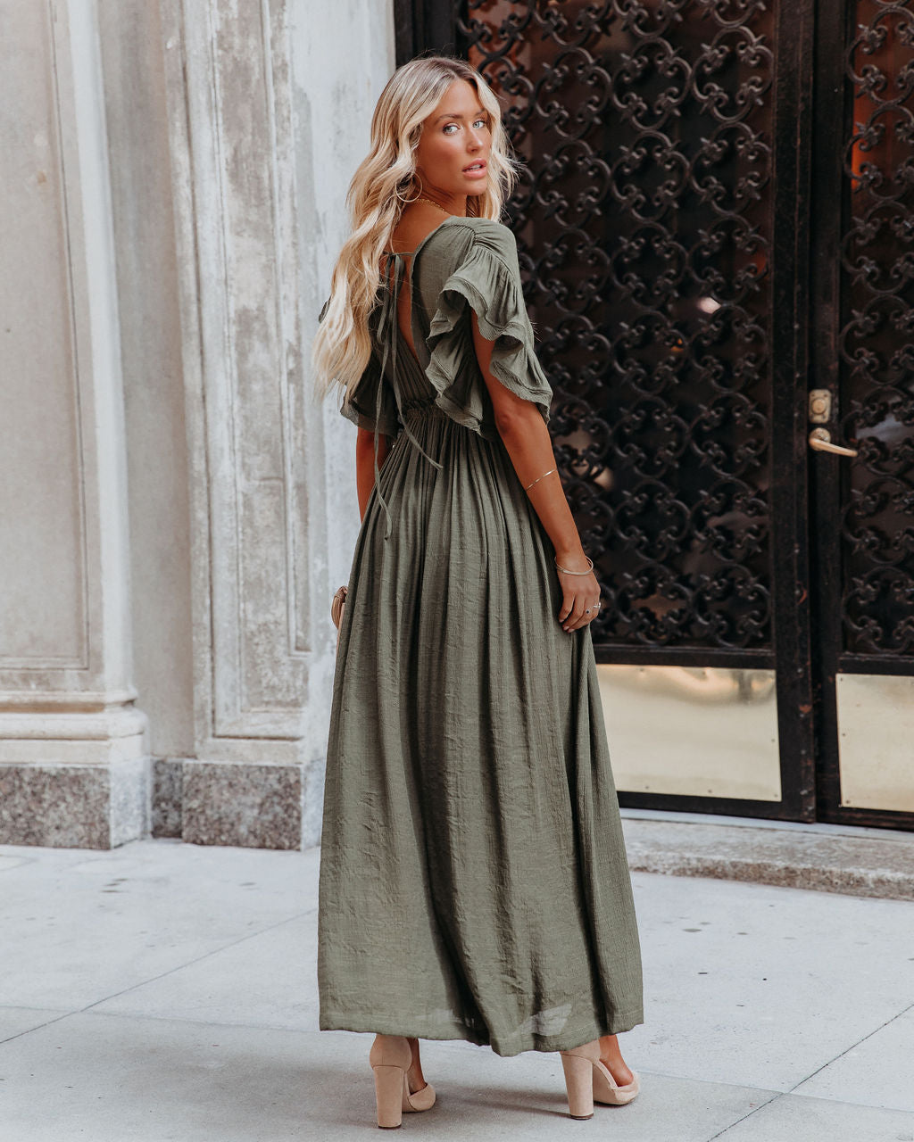 Anika Pocketed Button Down Ruffle Maxi Dress - Olive