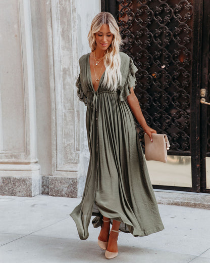 Anika Pocketed Button Down Ruffle Maxi Dress - Olive