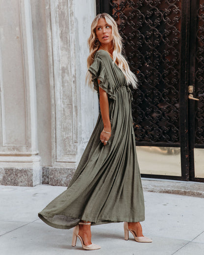 Anika Pocketed Button Down Ruffle Maxi Dress - Olive