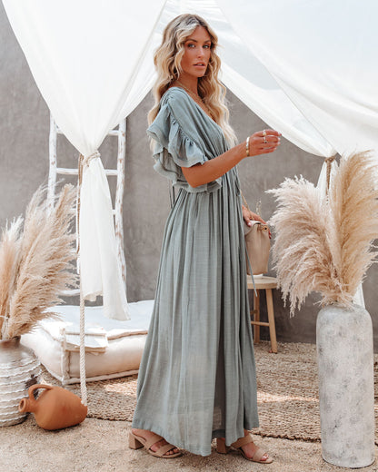 Anika Pocketed Button Down Ruffle Maxi Dress - Sage Dust