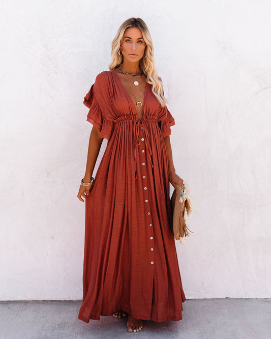 KittenAlarm - Anika Pocketed Button Down Ruffle Maxi Dress - Terracotta