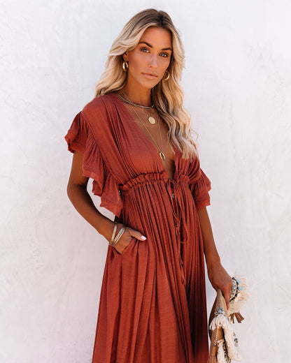 KittenAlarm - Anika Pocketed Button Down Ruffle Maxi Dress - Terracotta