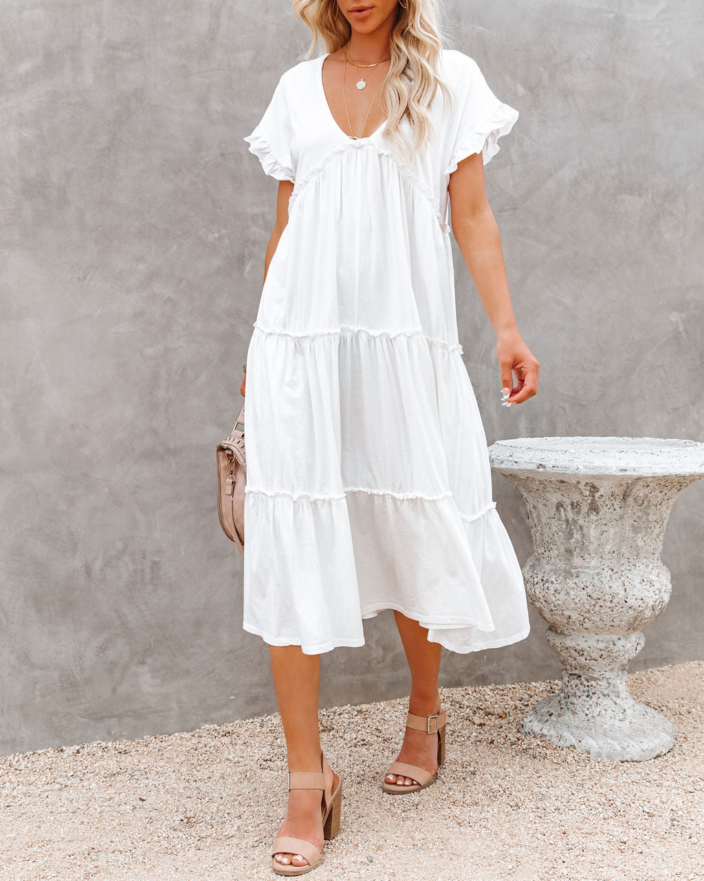 Avalon Cotton Ruffle Tiered Midi Dress - White