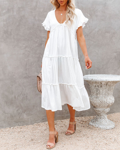 Avalon Cotton Ruffle Tiered Midi Dress - White