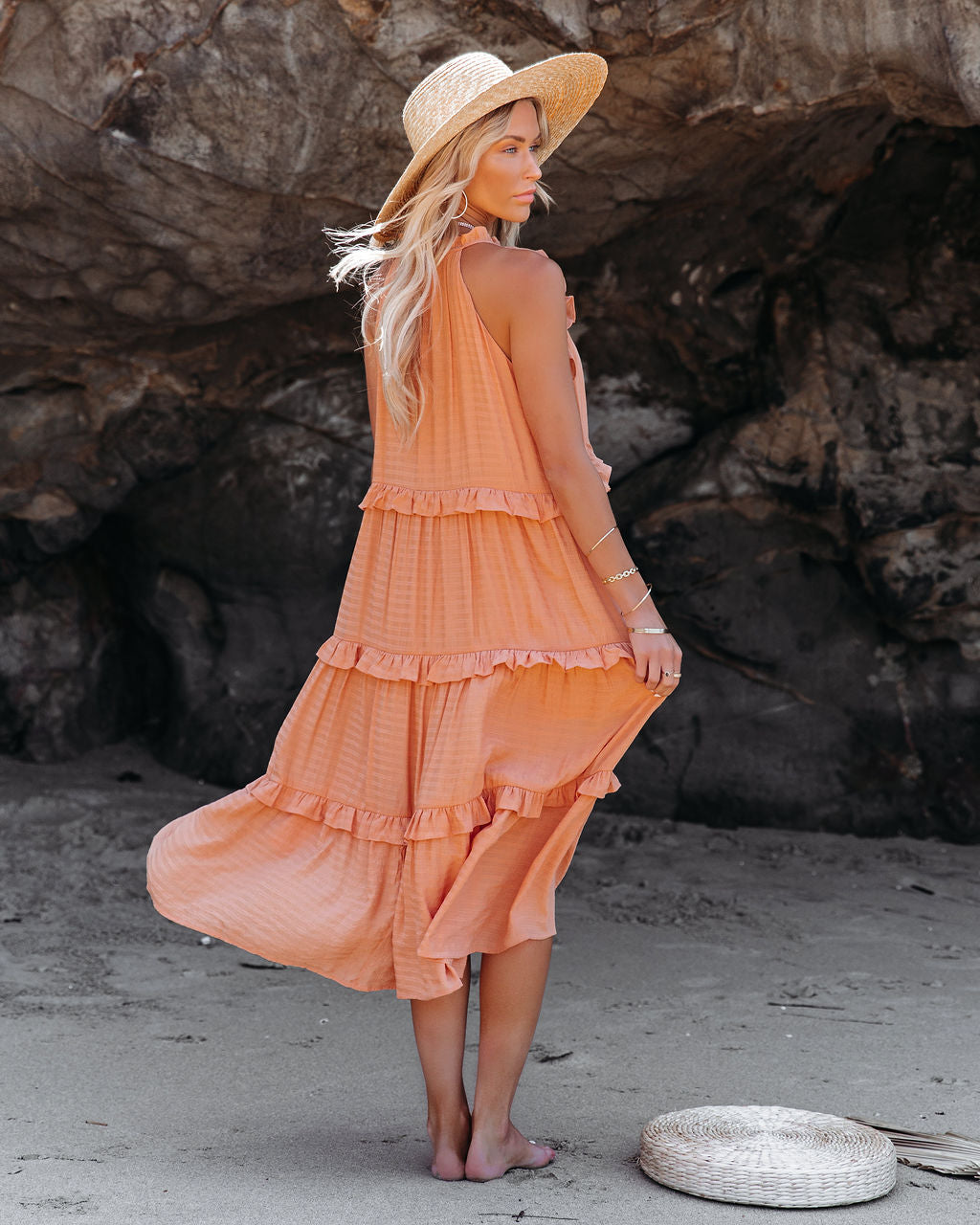 Ballard Cotton Blend Pocketed Tiered Midi Dress - Papaya